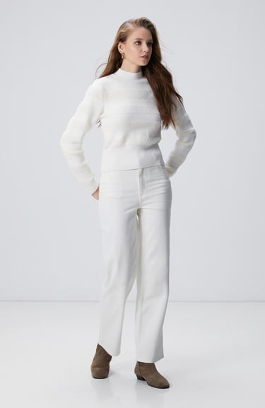  Network Kadın Kırık Beyaz Çizgili Triko Kazak