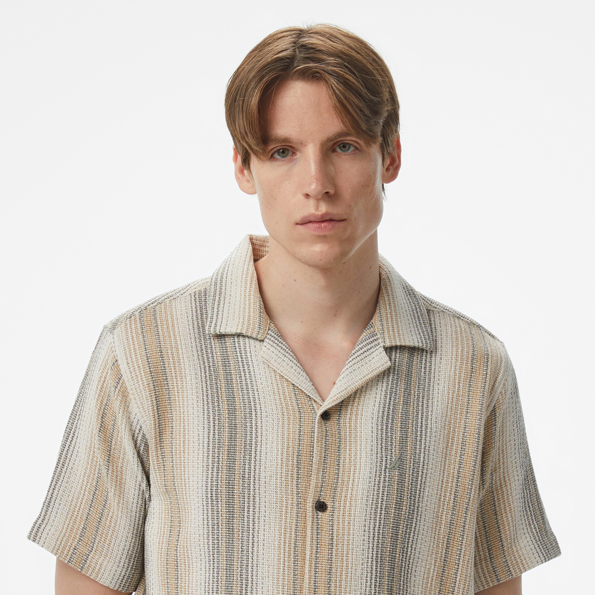 Nautica Erkek Bej Kısa Kollu Çizgili Gömlek