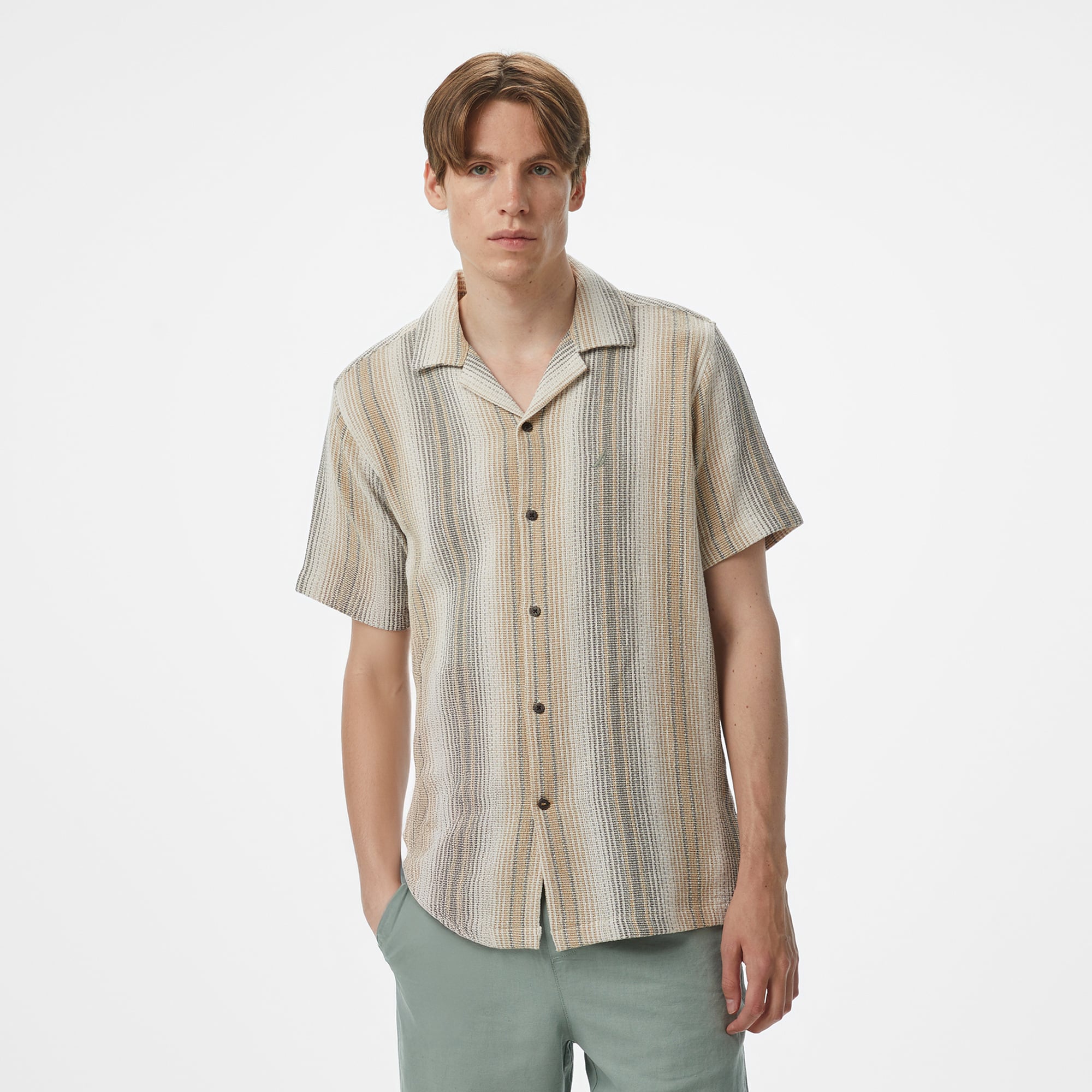  Nautica Erkek Bej Classic Fit Çizgili Gömlek