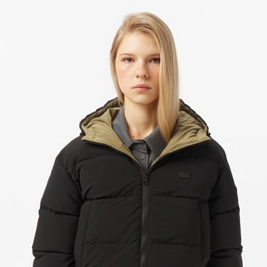  Lacoste Kadın Kapüşonlu Çift Taraflı Siyah Mont