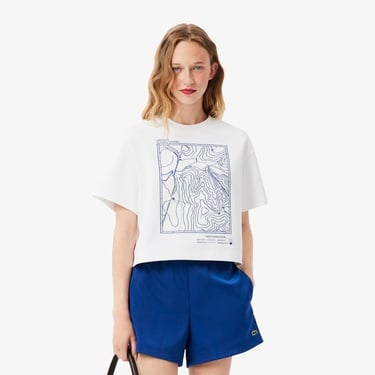  Kadın Oversize Fit Bisiklet Yaka Baskılı Beyaz T-Shirt