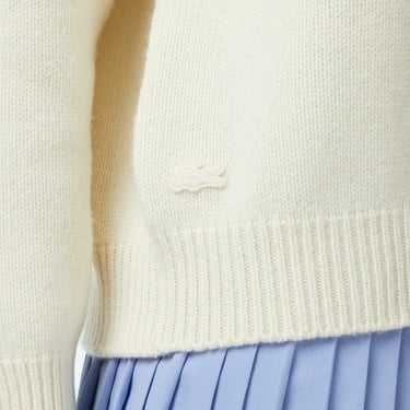  Lacoste Kadın Classic Fit Bisiklet Yaka Baskılı Yün Krem Kazak