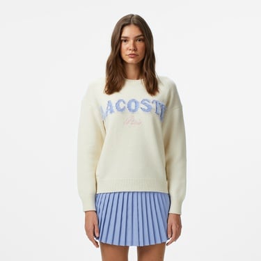  Lacoste Kadın Classic Fit Bisiklet Yaka Baskılı Yün Krem Kazak