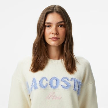  Lacoste Kadın Classic Fit Bisiklet Yaka Baskılı Yün Krem Kazak