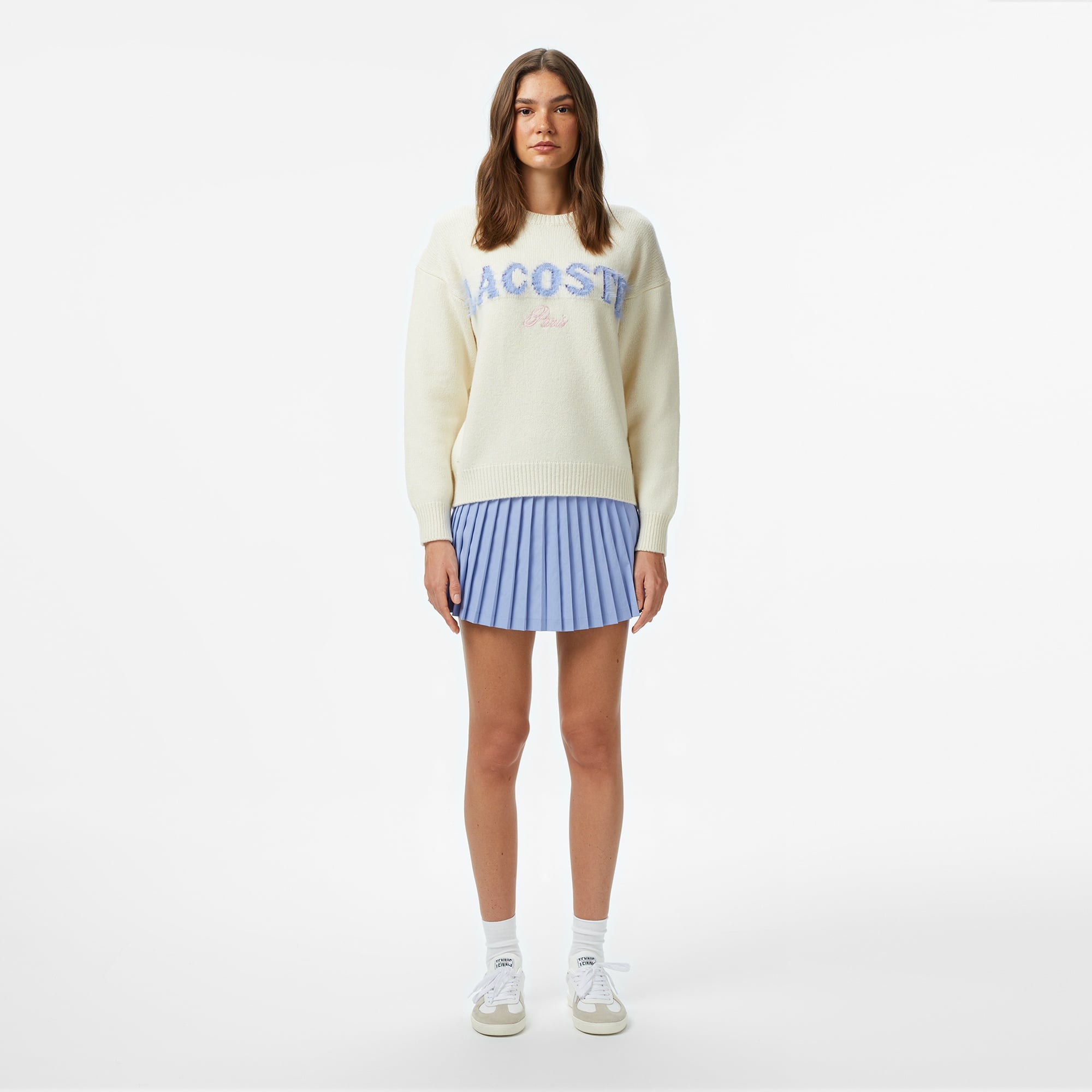 Lacoste Kadın Classic Fit Bisiklet Yaka Baskılı Yün Krem Kazak