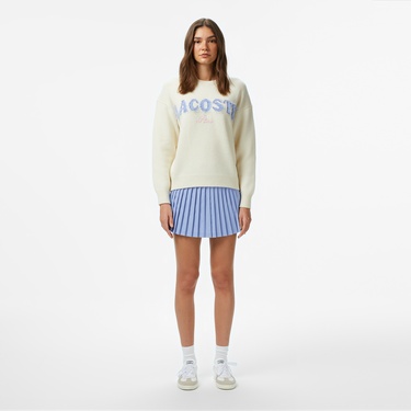  Lacoste Kadın Classic Fit Bisiklet Yaka Baskılı Yün Krem Kazak