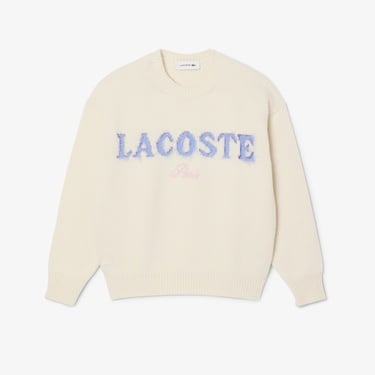  Lacoste Kadın Classic Fit Bisiklet Yaka Baskılı Yün Krem Kazak