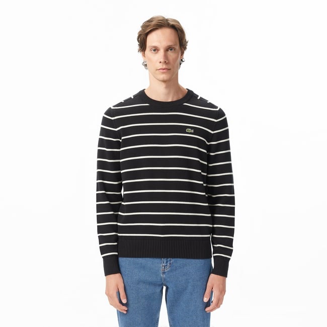  Lacoste Erkek Classic Fit Bisiklet Yaka Çizgili Siyah Kazak