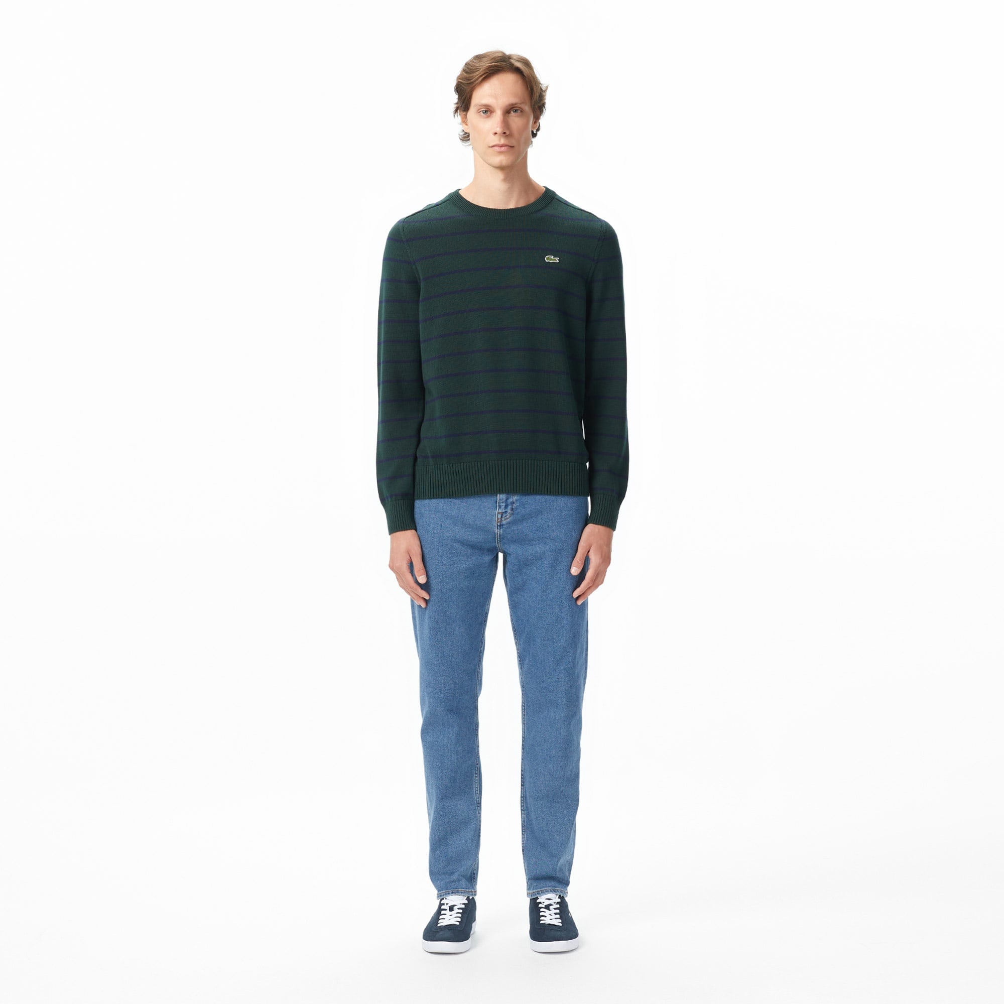 Erkek Classic Fit Bisiklet Yaka Çizgili Yeşil Kazak