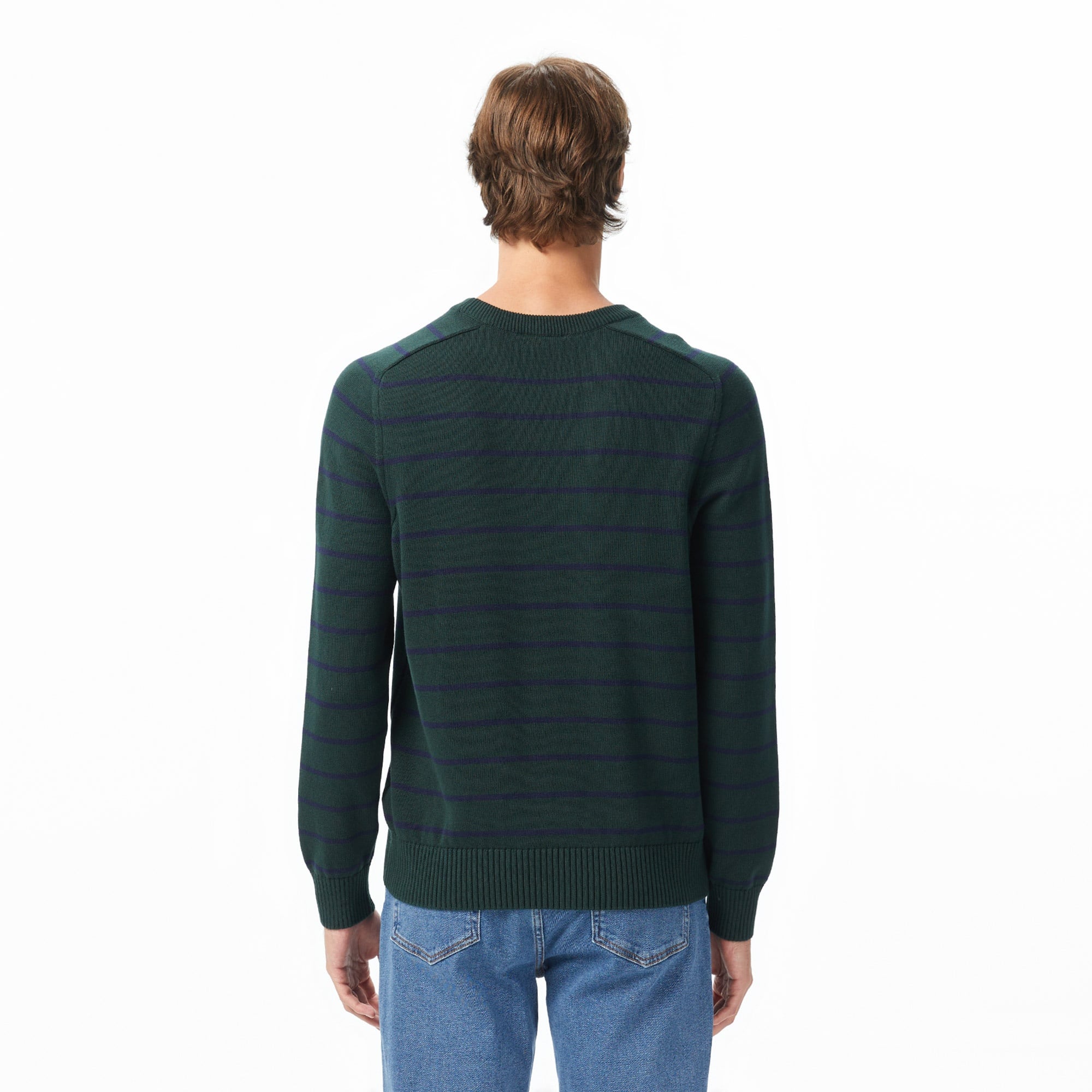 Erkek Classic Fit Bisiklet Yaka Çizgili Yeşil Kazak