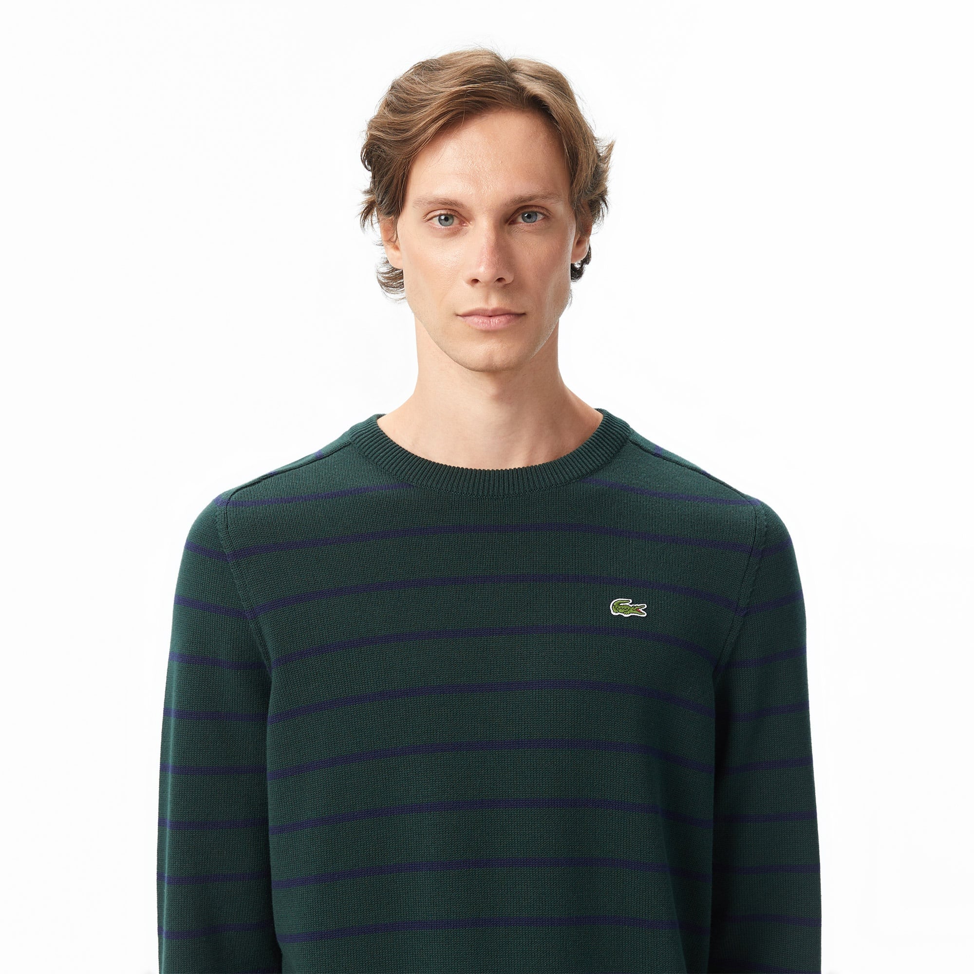 Erkek Classic Fit Bisiklet Yaka Çizgili Yeşil Kazak