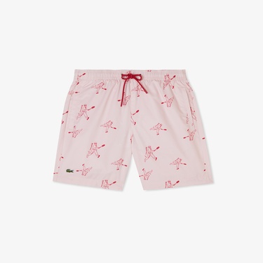  Lacoste Erkek Regular Fit Desenli Pembe Deniz Şortu