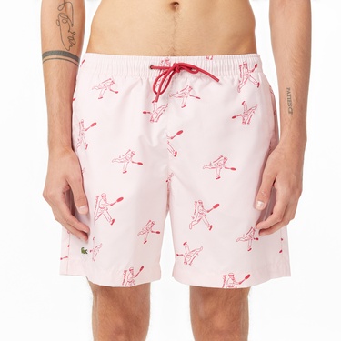  Lacoste Erkek Regular Fit Desenli Pembe Deniz Şortu