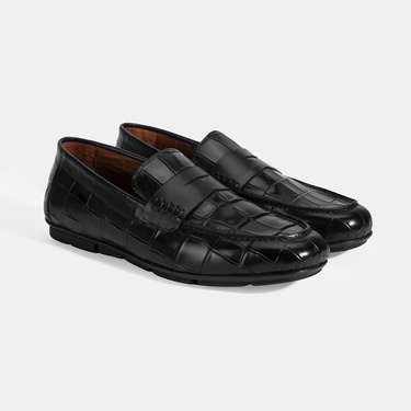  Erkek Siyah Kroko Baskılı Deri Loafer