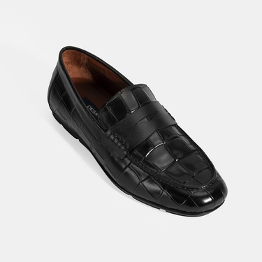  Erkek Siyah Kroko Baskılı Deri Loafer