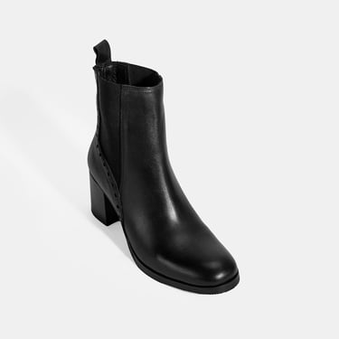  Kadın Siyah Lastik Detaylı Topuklu Deri Bot