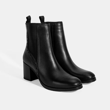  Kadın Siyah Lastik Detaylı Topuklu Deri Bot