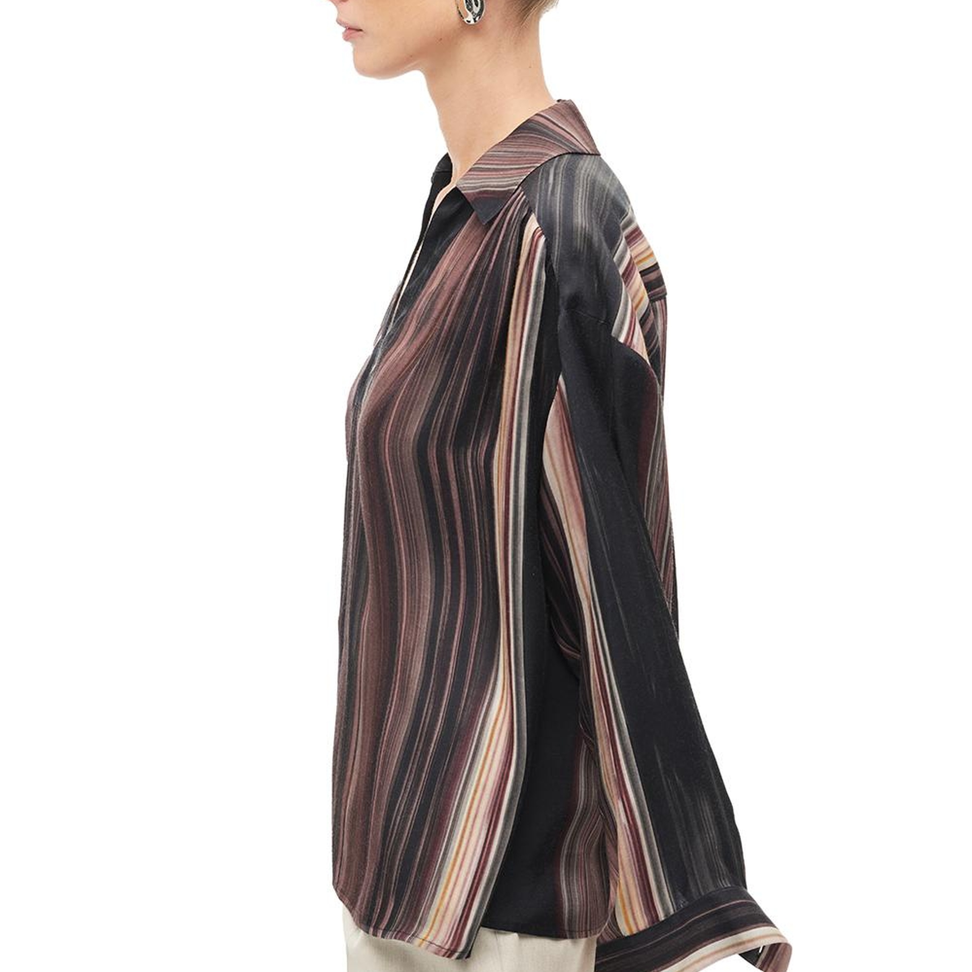 Çok Renkli Gömlek Yaka Çizgili Bluz