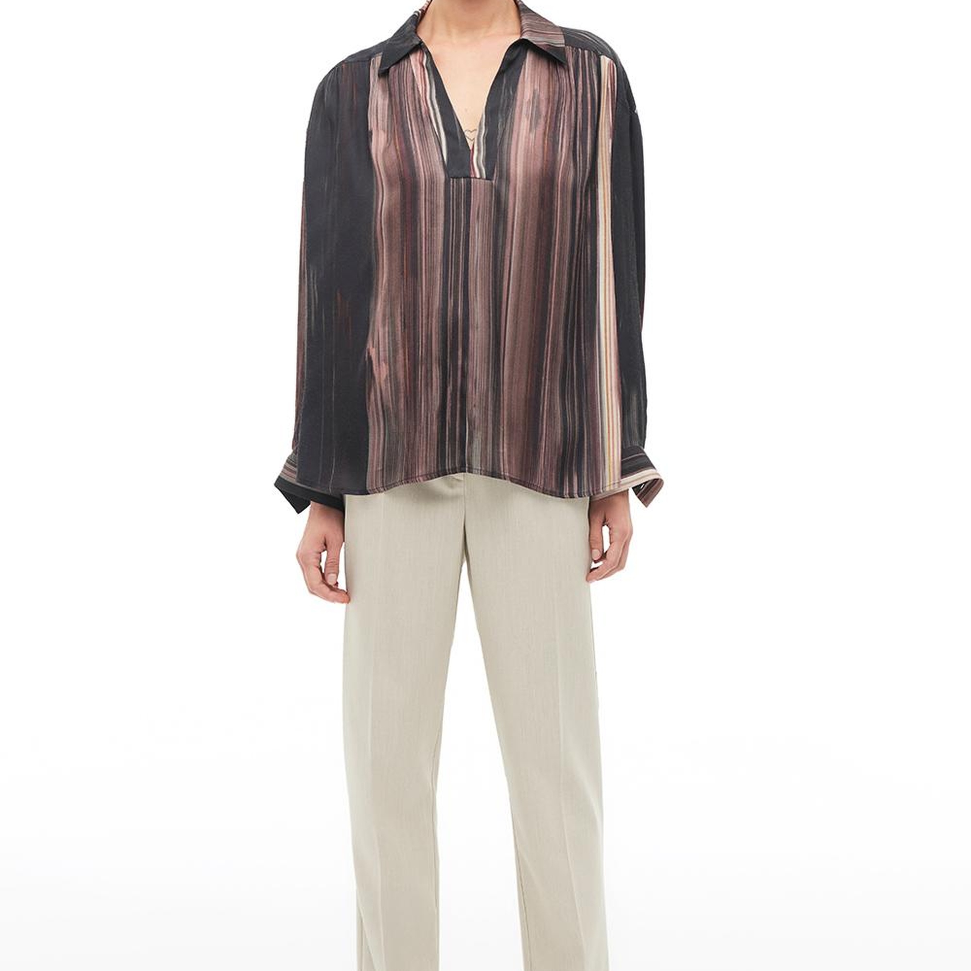 Çok Renkli Gömlek Yaka Çizgili Bluz