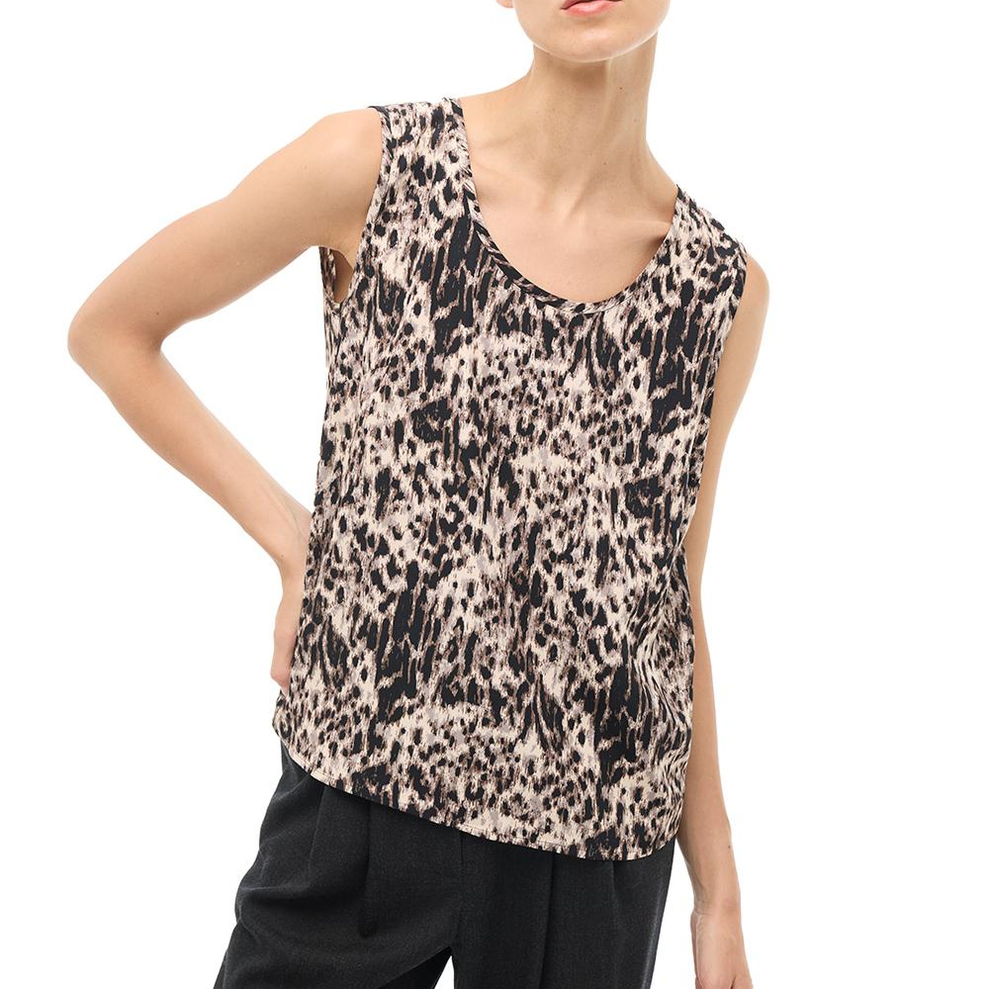 Kahverengi U Yaka Askılı Leopar Bluz