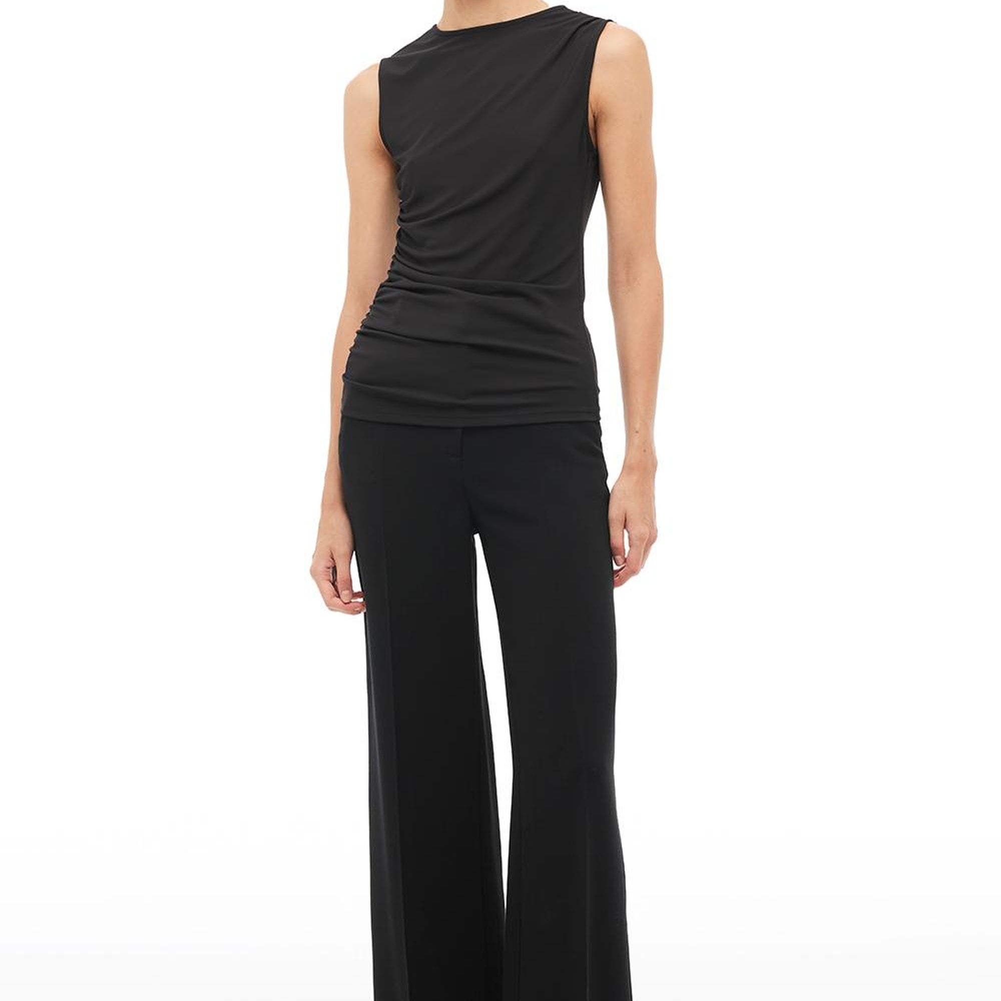 Siyah Asimetrik Yaka Slim Fit Sıfır Kol Bluz