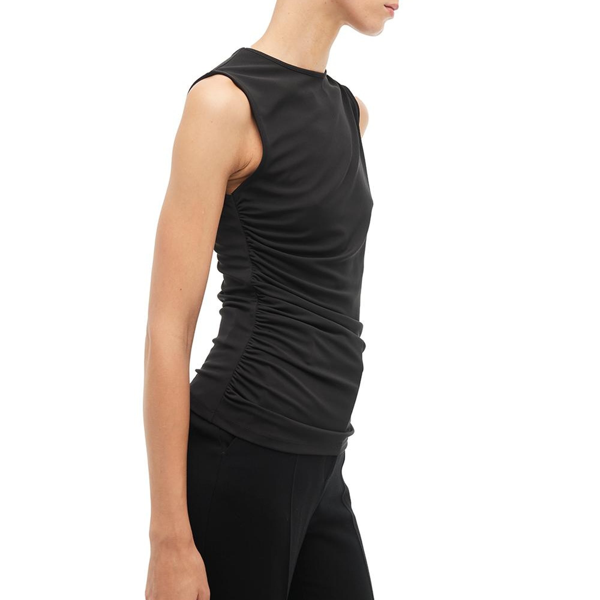 Siyah Asimetrik Yaka Slim Fit Sıfır Kol Bluz