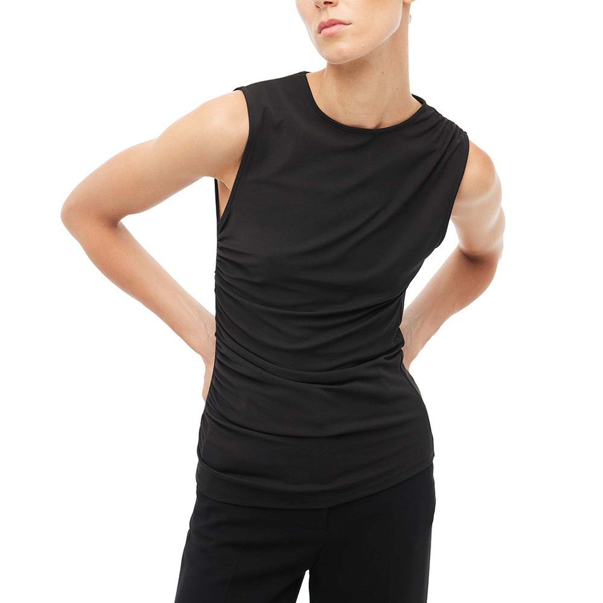 Siyah Asimetrik Yaka Slim Fit Sıfır Kol Bluz