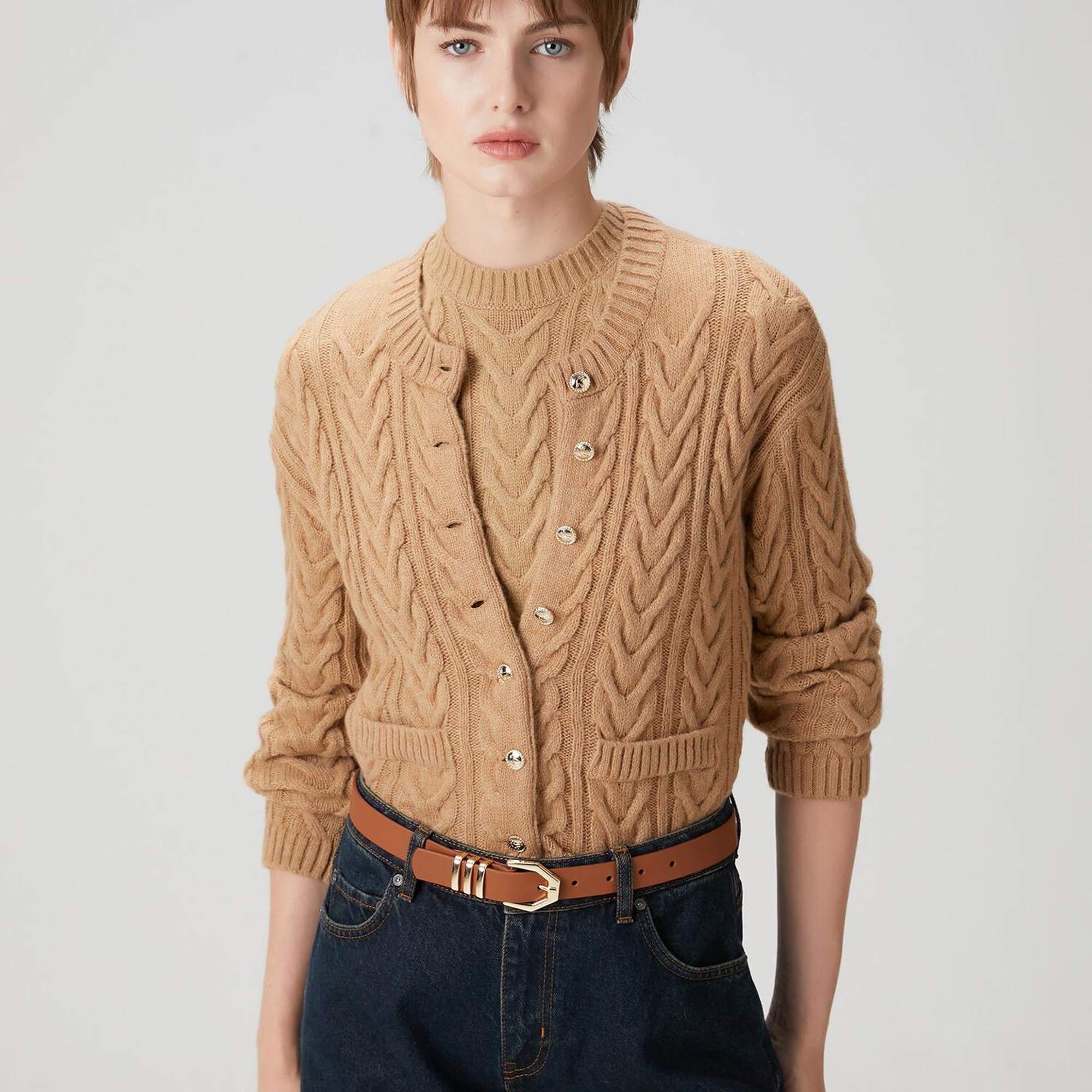 Beymen Club Kadın Bej Balıksırtı Desenli Hırka