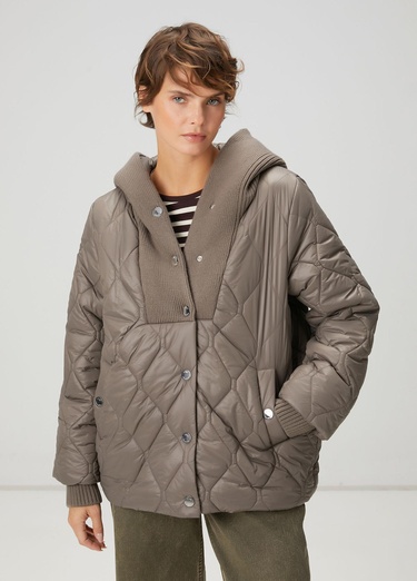  Beymen Club Kadın Gri Kapüşonlu Triko Garnili Mont