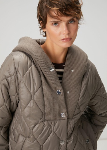  Beymen Club Kadın Gri Kapüşonlu Triko Garnili Mont