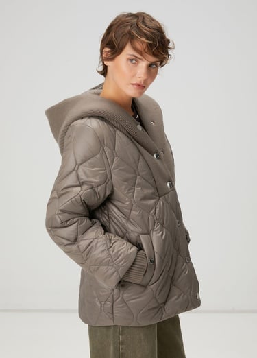  Beymen Club Kadın Gri Kapüşonlu Triko Garnili Mont