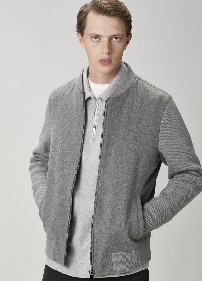  Beymen Club Erkek Gri Kaşe Garnili Yün Bomber Triko Mont