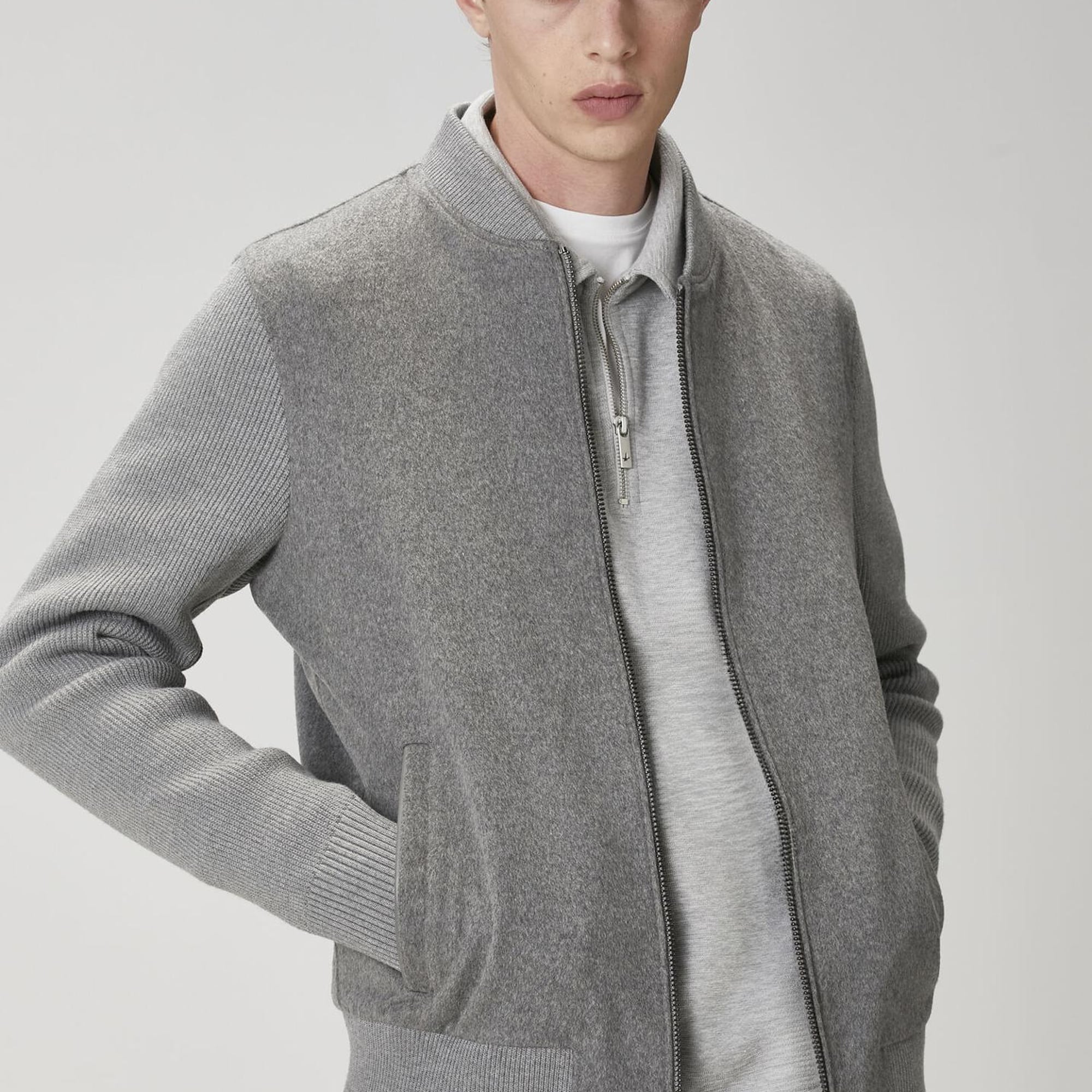 Beymen Club Erkek Gri Kaşe Garnili Yün Bomber Triko Mont