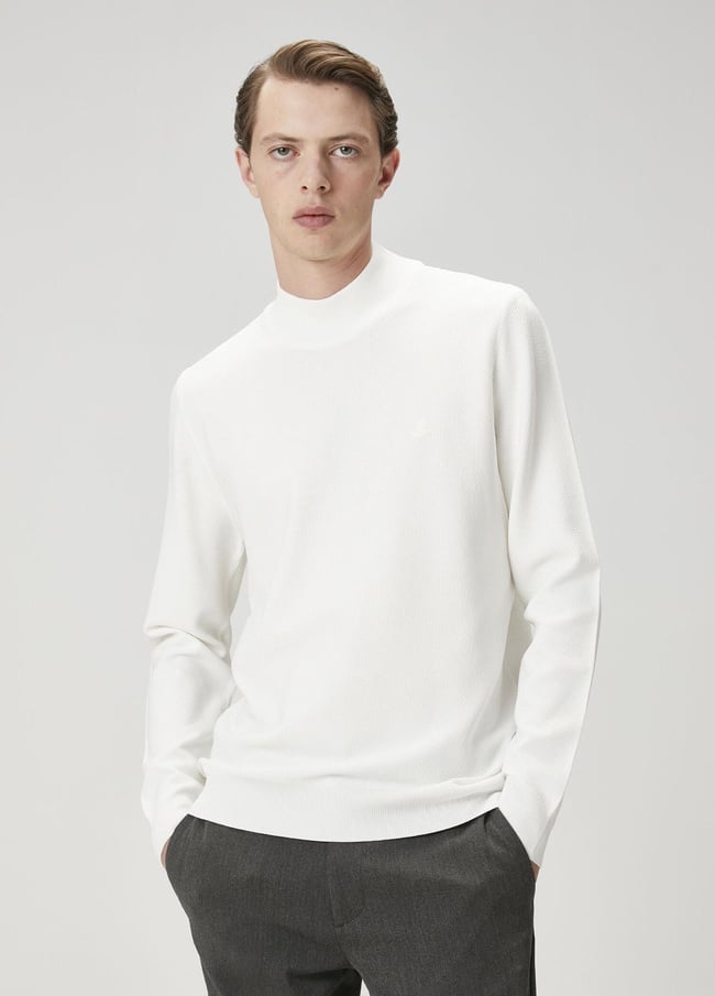  Beymen Club Erkek Beyaz Yarım Balıkçı Yaka Pirinç Dokulu Kazak