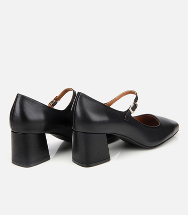  Kadın Deri Siyah Mary Jane Kalın Topuklu Ayakkabı