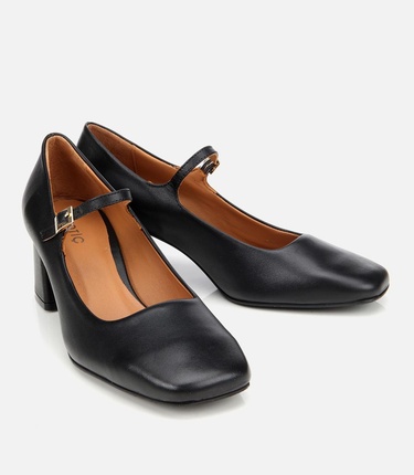  Kadın Deri Siyah Mary Jane Kalın Topuklu Ayakkabı