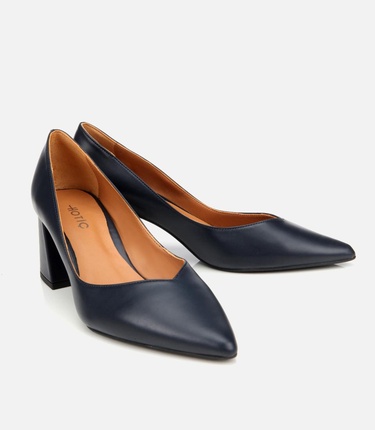  Kadın Deri Lacivert Kalın Topuklu Ayakkabı