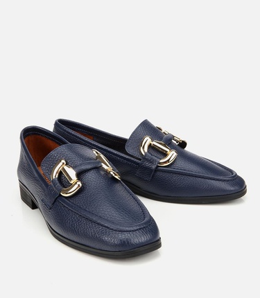  Kadın Deri Lacivert Tokalı Klasik Loafer