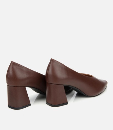  Kadın Deri Kahverengi Kalın Topuklu Ayakkabı