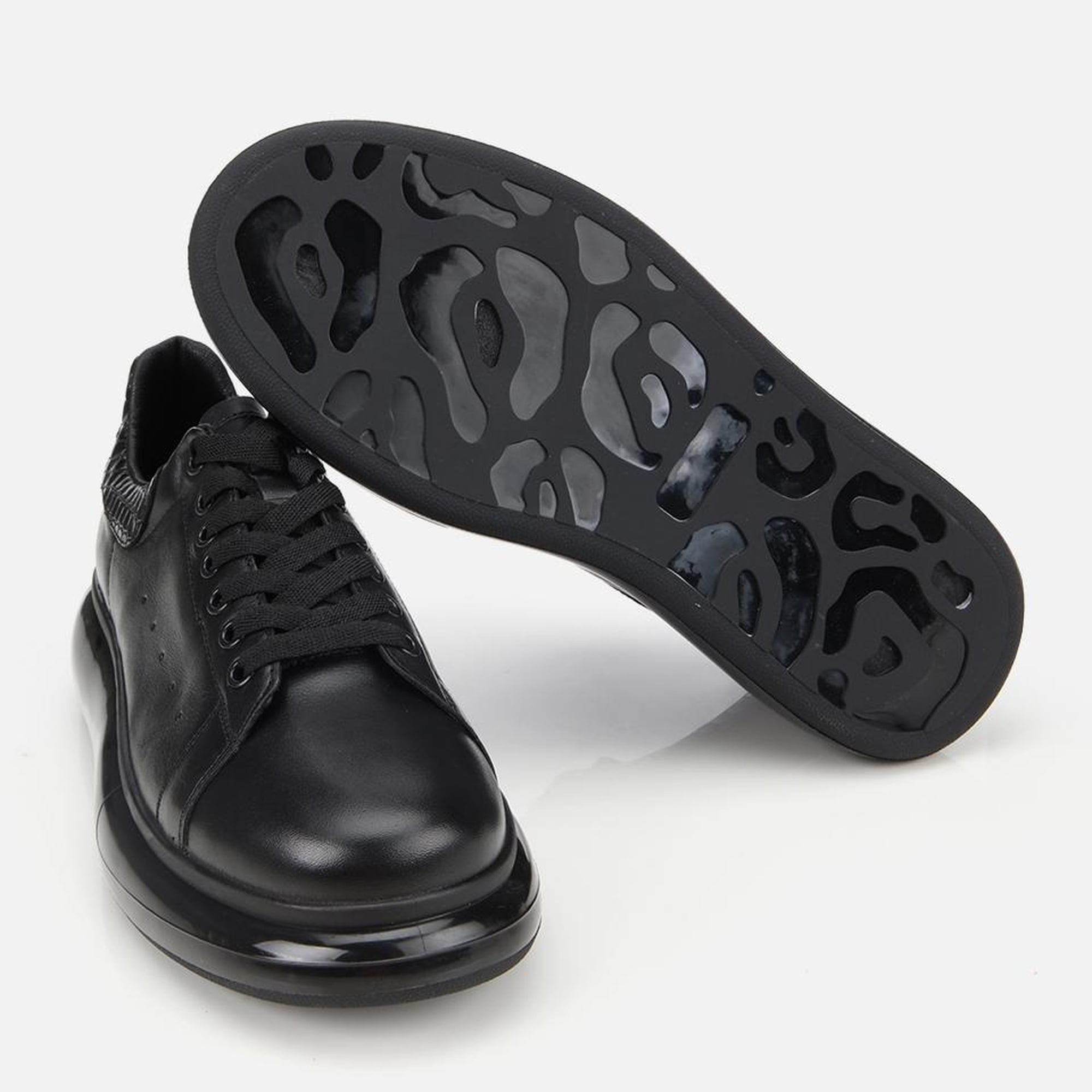 Erkek Deri Siyah Yüksek Tabanlı Spor Ayakkabı