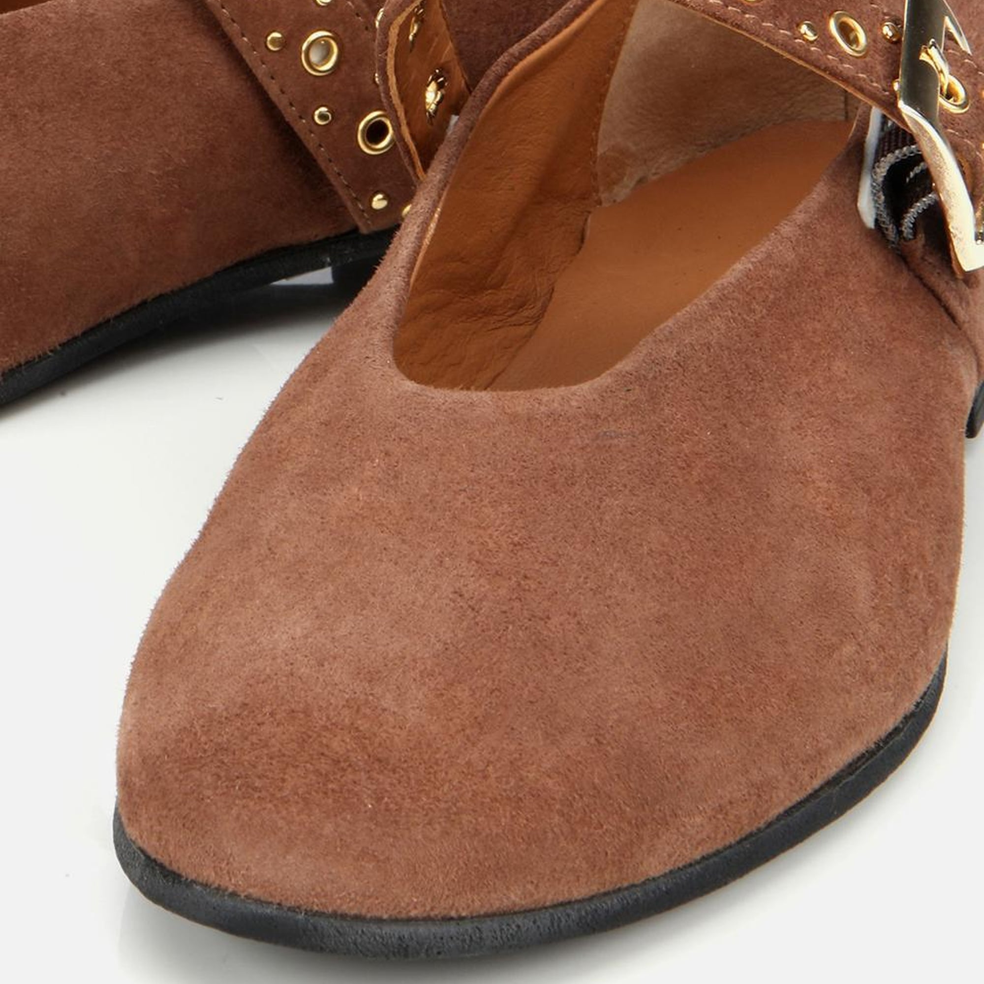 Kadın Süet Deri Açık Kahverengi Mary Jane Kemerli Babet