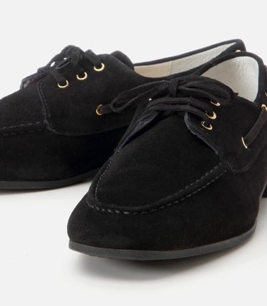  Kadın Süet Deri Siyah Bağcık Detaylı Günlük Loafer