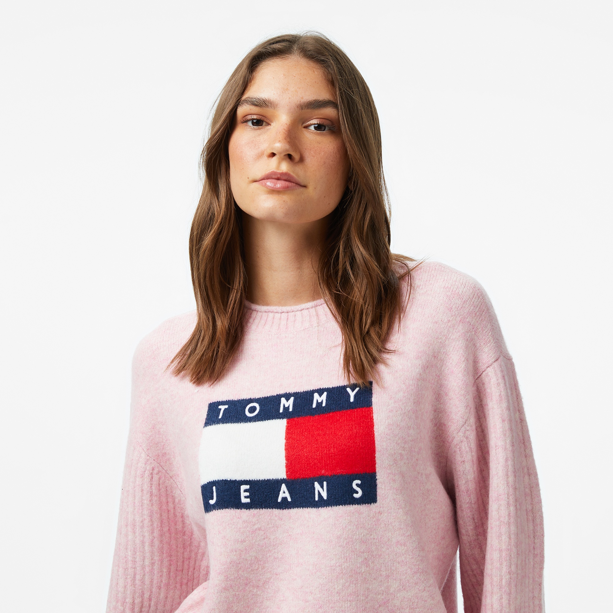 Tommy Jeans Melange Flag Kadın Pembe Kazak