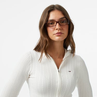  Tommy Jeans Essential Cardi Kadın Fermuarlı Beyaz Hırka