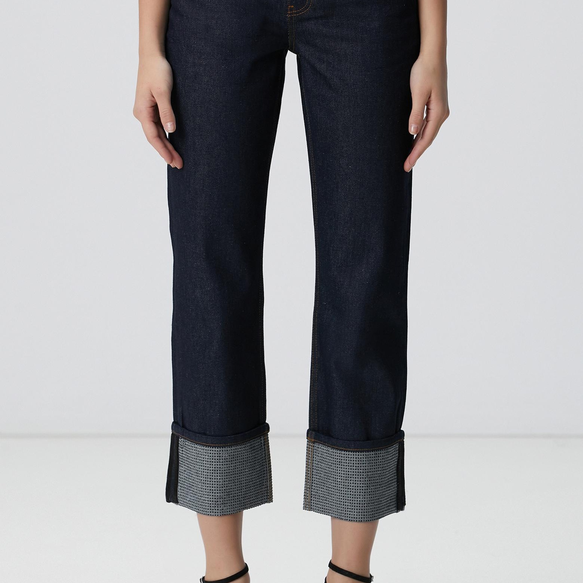 Network Kadın Lacivert Paça Taş Detaylı Denim Pantolon