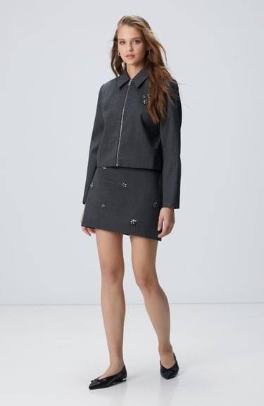  Network Kadın Koyu Gri Yün Karışımlı Mini Etek