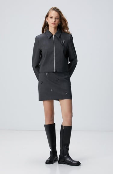  Network Kadın Koyu Gri Yün Karışımlı Mini Etek