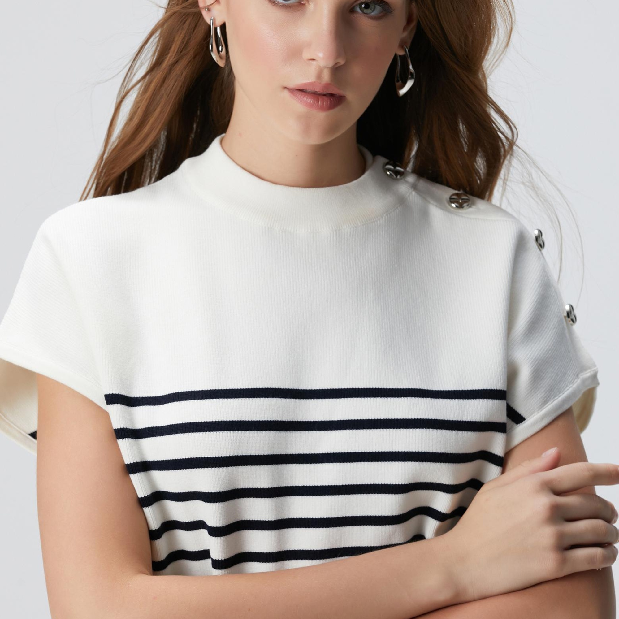 Network Kadın Beyaz Çizgili Kazak