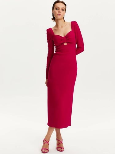  Pencere Detaylı Midi Elbise