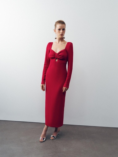  Pencere Detaylı Midi Elbise